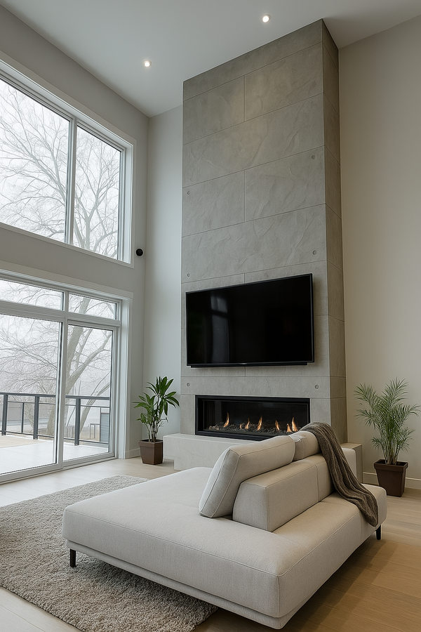 Tall concrete fireplace