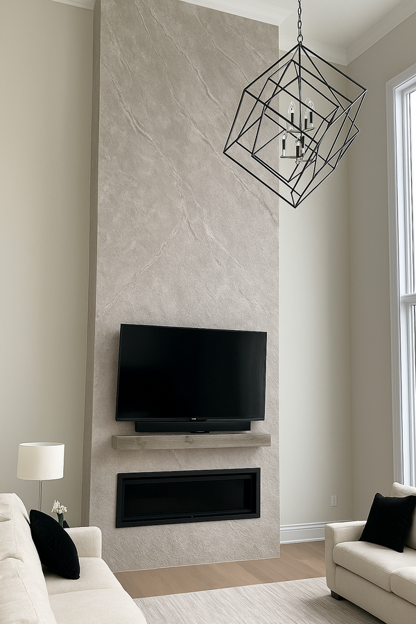 Tall white concrete fireplace
