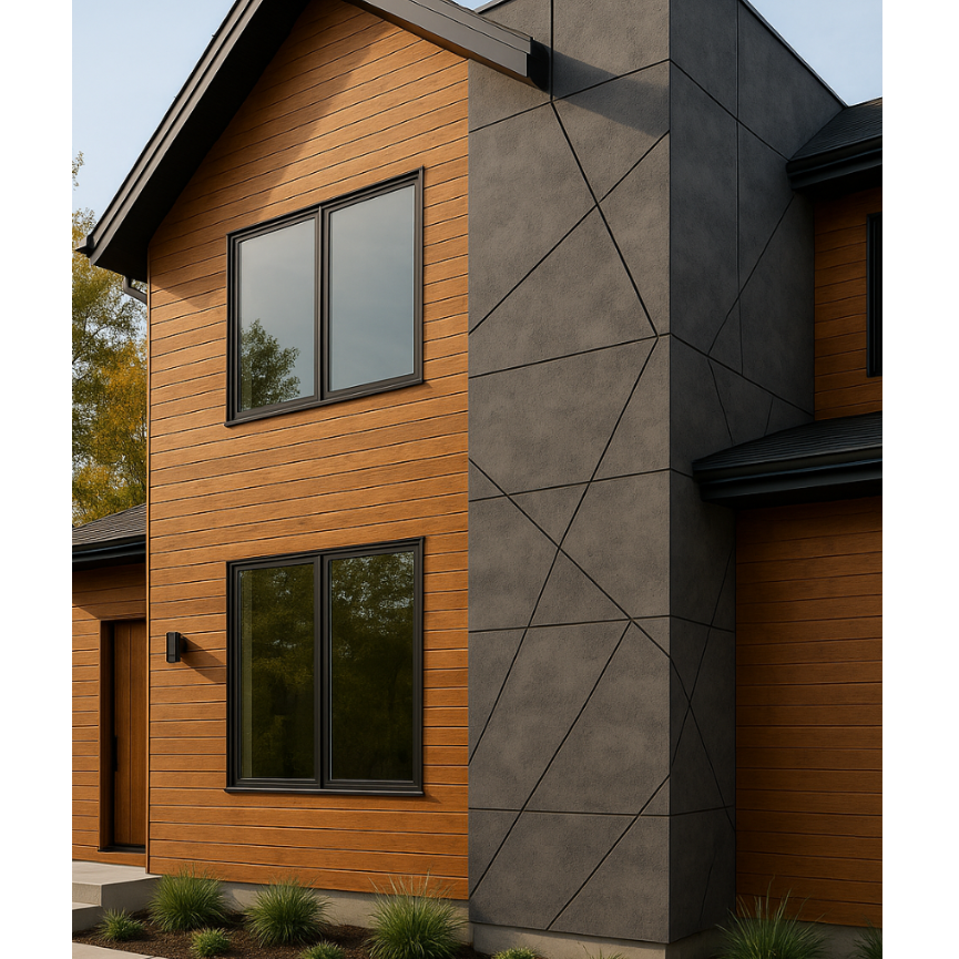 Dark concrete-effect facade wall with geometric lines