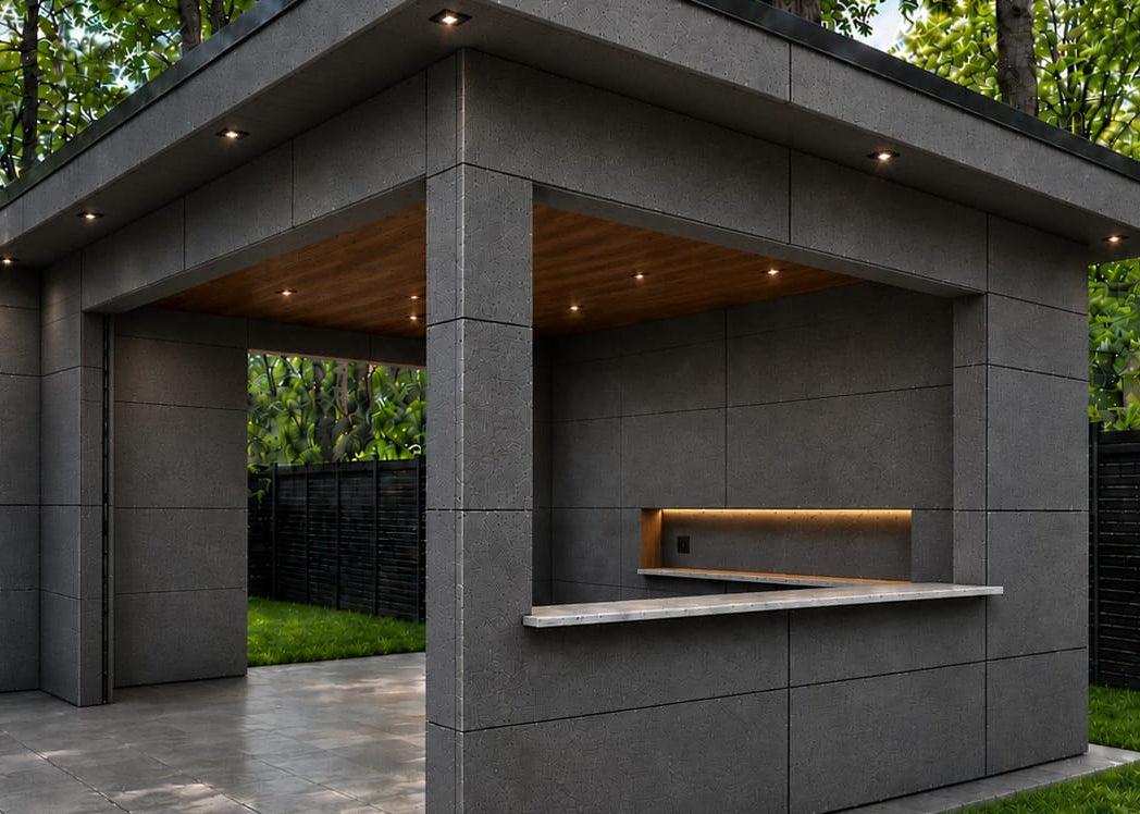 Covered outdoor fireplace with custom Walltex finish